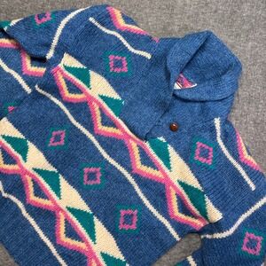 Vintage Icelandic Wool Sweater Women Medium Blue Geometric Shawl Collar Pullover